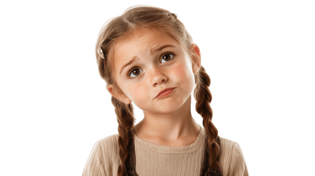 Young girl with pigtails shows a puzzled expression while standing against a neutral background during daylight hours. png