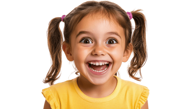 Young girl with pigtails joyfully smiling in a bright yellow shirt, showcasing pure happiness against a neutral background. png
