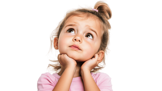 A young girl with a contemplative expression gazes upward while resting her chin on her hands, captured in a bright room. png