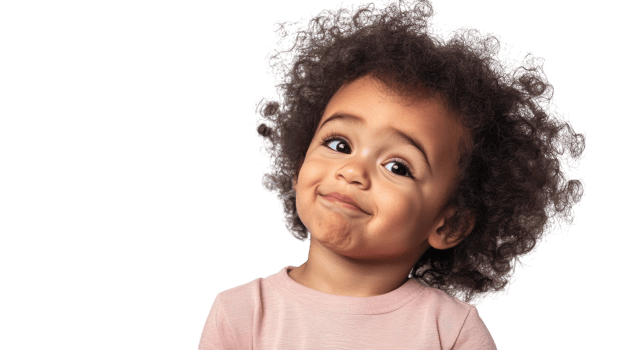 Adorable young child with curly hair making a playful expression against a transparent background. png