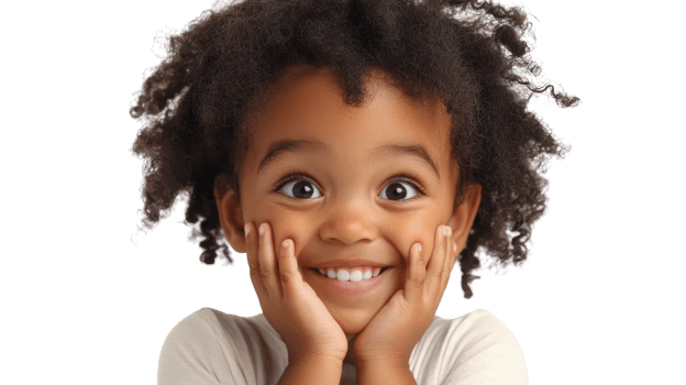 A joyful young child smiles brightly while resting hands on cheeks, showcasing excitement and innocence against a plain background. png