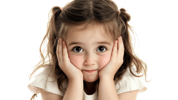 A young girl with a charming expression holds her cheeks in surprise while looking directly at the camera against a plain background. png