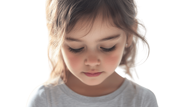 Young girl with long hair looking down thoughtfully while wearing a light gray shirt in a softly lit environment. png