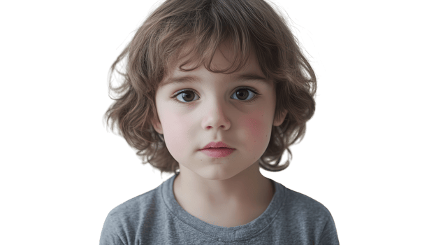 A young child with curly hair and a gray shirt standing against a plain background, looking directly at the viewer with a thoughtful expression. png