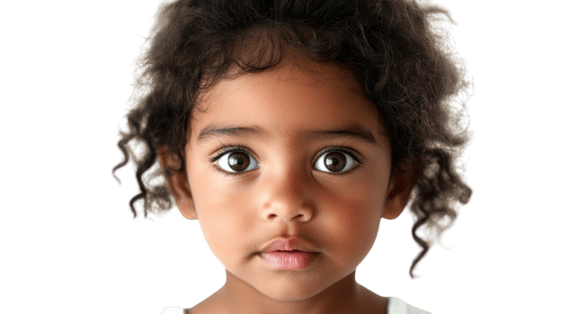 A young child with curly hair and captivating eyes looking directly at the camera, set against a simple background. png