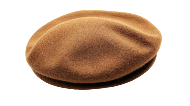 A classic brown beret resting on a neutral surface, showcasing its soft texture and simple elegance. png