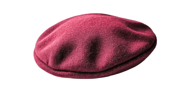 Maroon beret hat resting on a flat surface with a soft texture, ideal for stylish outdoor wear in any season. png