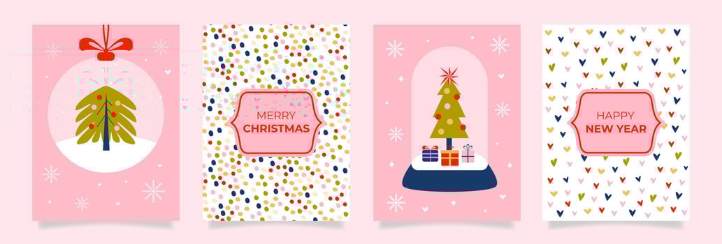 Festive Merry Christmas and Happy New Year greeting cards. Christmas trees, snow globes, confetti, gifts, snowflakes. Trendy banner, flyer, cover, poster template with typography. Pink color. . vector