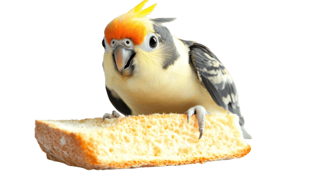 A cockatiel pecks at a piece of bread in a bright setting showcasing its vibrant colors and playful nature. png