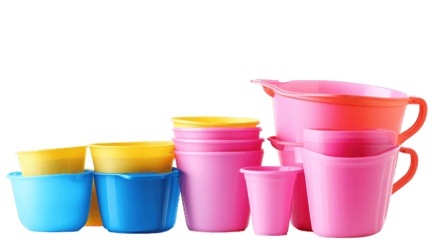 Colorful plastic containers stacked together on a clean, bright background, showcasing practical kitchenware for organizing and storage. png