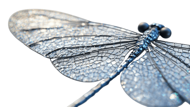 Detailed close-up of a dragonfly's iridescent wings showcasing intricate patterns and textures in natural sunlight. png