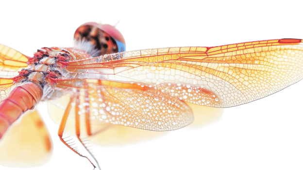 Close-up of a dragonfly showcasing translucent wings and intricate details against a neutral background. png