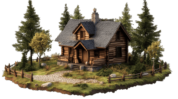 A charming wooden cabin surrounded by tall trees and a gravel pathway, perfect for a peaceful retreat in nature. png