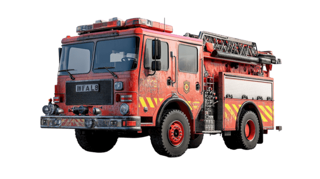 A detailed view of a red fire truck parked at a training facility, showcasing its equipment and emergency lights during daylight. png