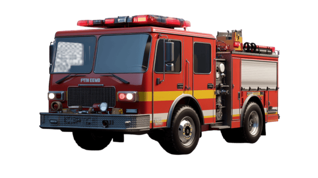 Red fire truck parked with lights flashing, ready for emergency response in a city during daylight. png