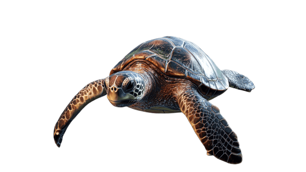 A sea turtle gracefully glides through clear ocean waters, showcasing its vibrant shell and intricate patterns near coral reefs during daylight. png