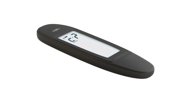 Modern digital remote control with an LCD screen designed for home entertainment use, showcasing streamlined black design and user-friendly interface. png