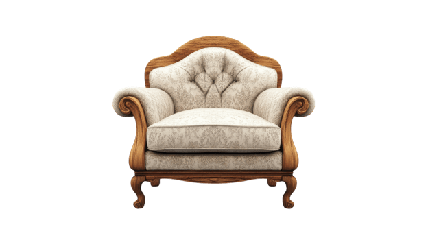 Elegant vintage armchair with soft upholstery and ornate wooden frame against a transparent background. png