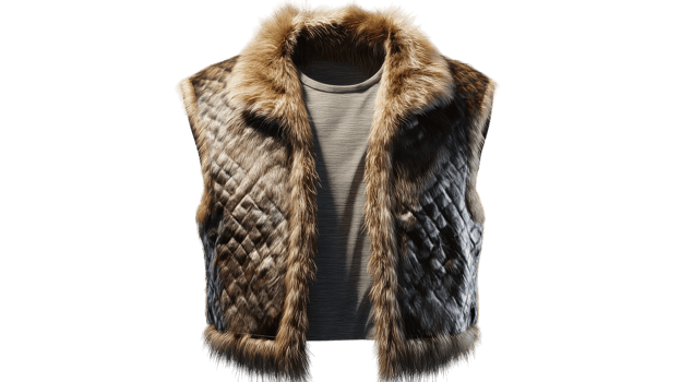 Stylish sleeveless fur vest displayed against a transparent background, showcasing unique quilted fabric and fur detailing. png