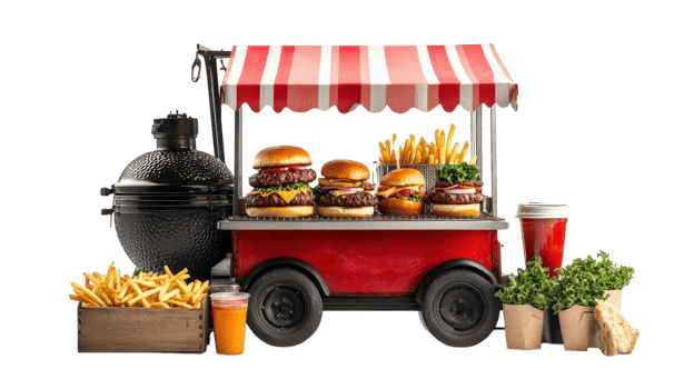 A vibrant street food cart serves delicious burgers, fries, and beverages in a lively urban environment during the day. png