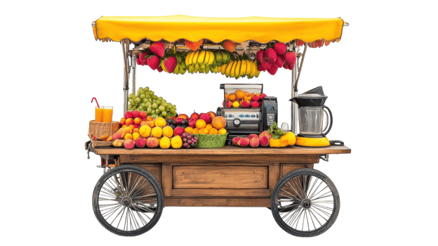 Colorful fruit cart offering fresh juices and assorted fruits in a vibrant market setting during the daytime. png