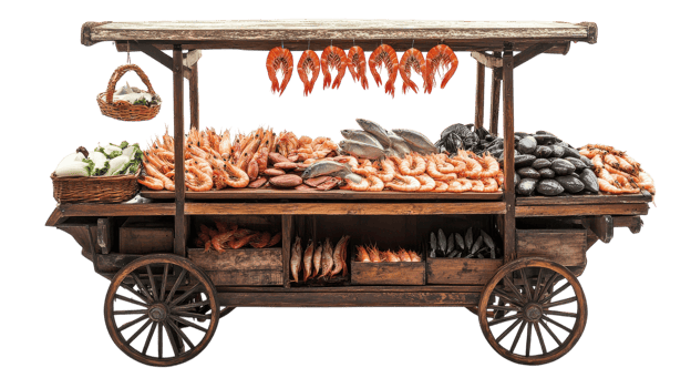 Fresh seafood cart with a variety of fish, shrimp, and shellfish displayed at a local market during the day. png