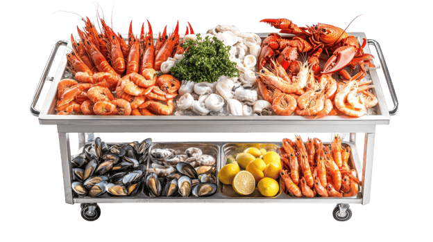 A vibrant seafood display featuring shrimp, crab, oysters, and mussels at a coastal market during the afternoon. png