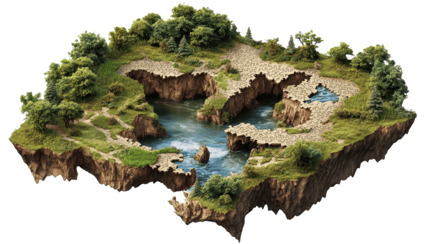 Aerial view of an isolated island featuring rocky cliffs, greenery, and a winding river under bright daylight. png