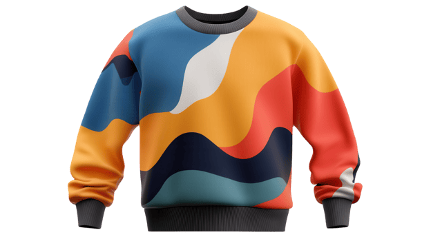 Modern abstract sweater design featuring vibrant colors and fluid shapes, perfect for casual wear or fashion displays. png