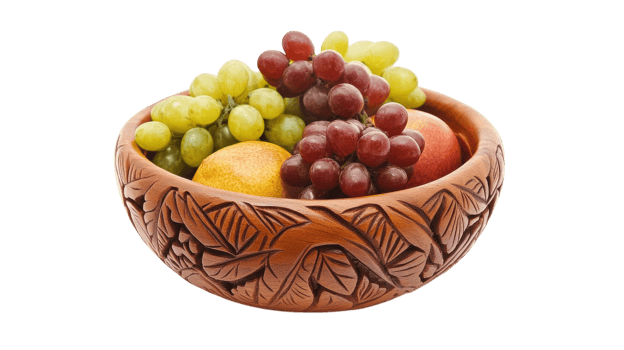 A beautifully carved wooden bowl filled with fresh grapes, apples, and pears displayed on a white background for a vibrant look. png