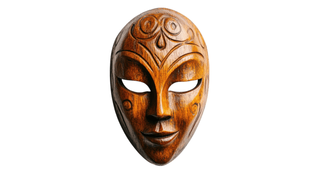 Intricately carved wooden mask with ornate designs displayed against a transparent background, showcasing craftsmanship and cultural significance. png