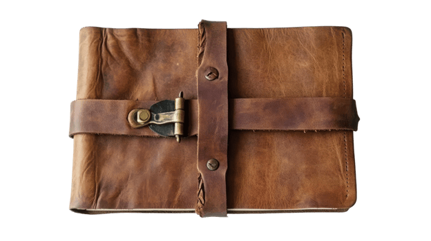 Leather bound journal with metal clasp resting on a plain background, showcasing rustic craftsmanship and vintage design features. png
