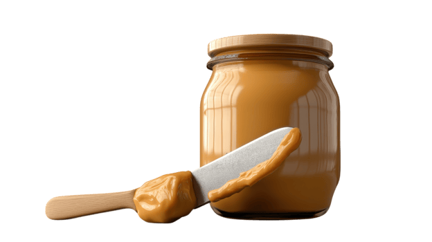 A jar of creamy peanut butter with a knife resting inside, perfect for showcasing delicious spreads or kitchen essentials, ideal for food blogs and cooking demonstrations.. png
