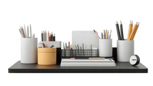 A desk with pencils, pens, and other items png