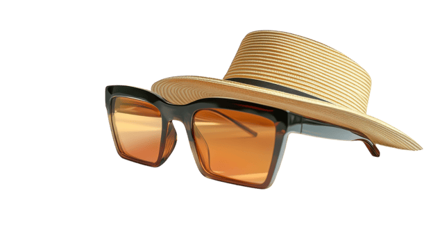 Stylish Sunglasses and Sunhat on a White Background Perfect for Summer Fashion Promotions and Accessories Display. png
