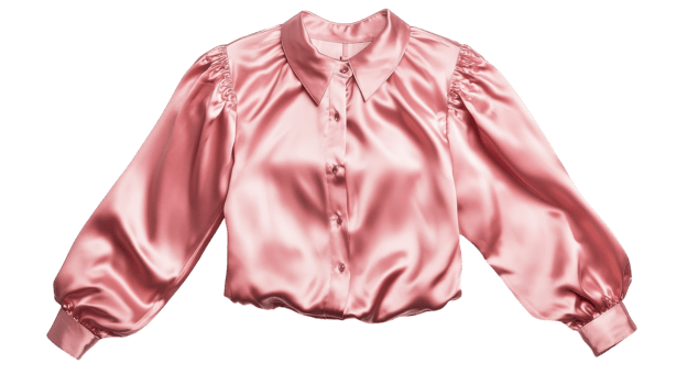 Elegant Pink Satin Blouse Featuring Puffed Sleeves Perfect for Fashionable Outfits and Special Occasions. png