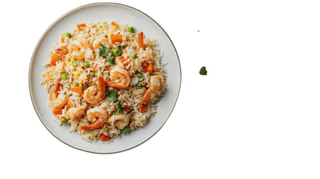 Delicious Plate of Shrimp Fried Rice Perfect for Food Blogs and Culinary Inspirations, Showcasing Tempting Ingredients and Presentation. png