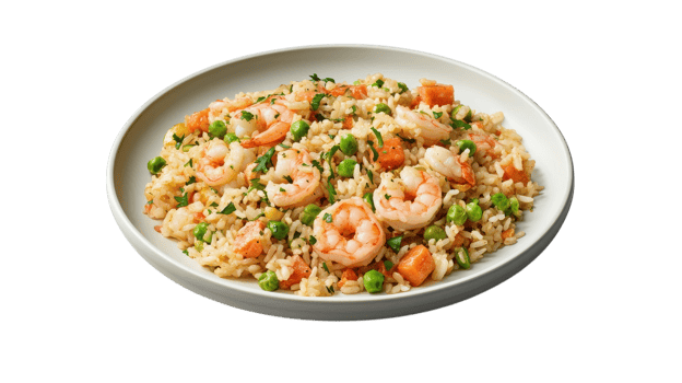 Delicious Shrimp Fried Rice on a White Plate Perfect for Food Blogs and Restaurant Menus. png