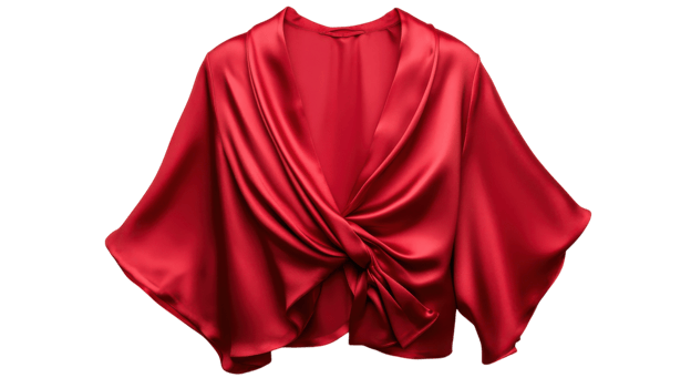 Elegant Red Silk Blouse with a Timeless Wrap Around Design Perfect for Formal Events and Stylish Outings. png
