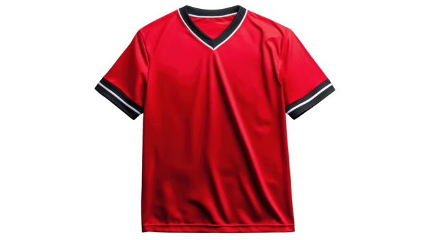 A Vibrant Red Sports Jersey Featuring a Team Logo, Perfect for Fans and Sports Enthusiasts to Showcase Their Support and Style in Any Sporting Event. png