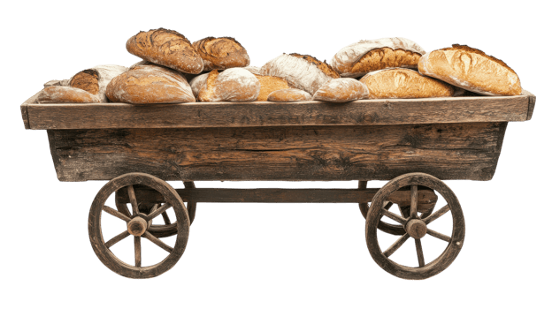 A Rustic Bread Cart Brimming with Fresh Sourdough Bread Perfect for Artisan Bakeries and Culinary Displays. png