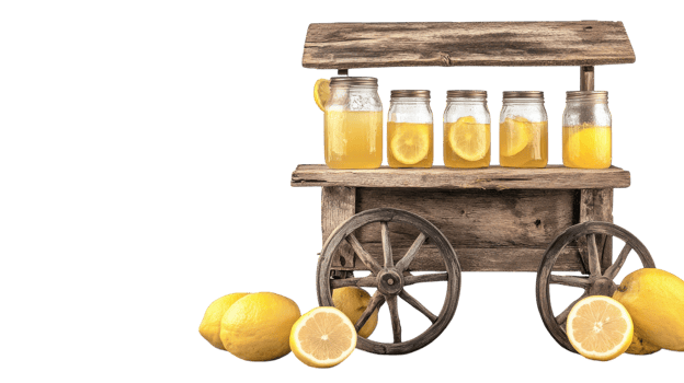 A Charming Rustic Lemonade Stand Featuring a Handcrafted Wooden Cart Perfect for Summer Events and Gatherings. png