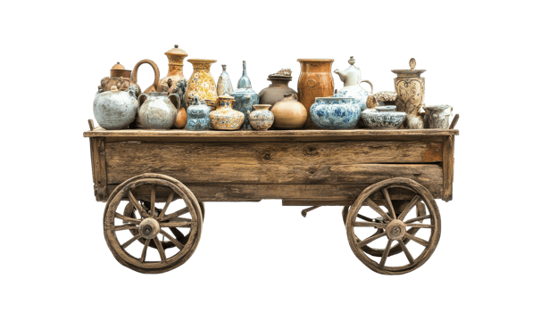 Discover the Charm of a Rustic Wooden Cart Displaying Antique Items Perfect for Vintage Market, Home Decor, or Photography Inspiration. png