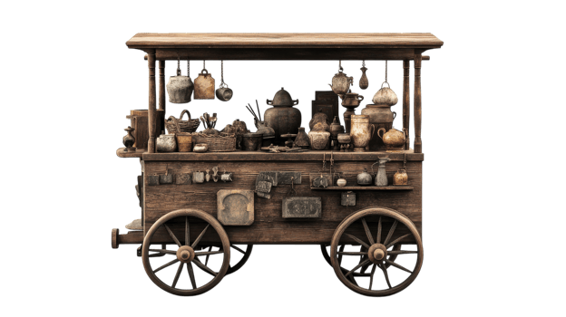 A rustic wooden cart selling antique items, showcasing a charming blend of nostalgia and craftsmanship, perfect for vintage-themed projects and marketing campaigns.. png