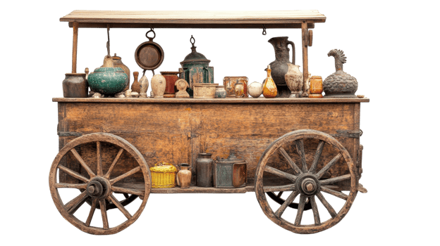 A Rustic Wooden Cart Showcase for Selling Antique Items, Perfect for Vintage Markets and Outdoor Flea Markets Including a Display of Unique Treasures for Sale. png