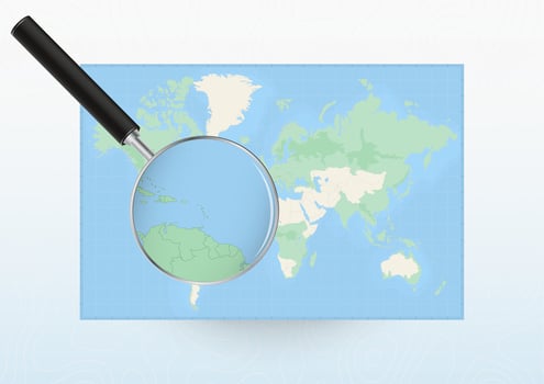 Map of the World with a magnifying glass aimed at Saint Lucia, searching Saint Lucia with loupe. vector