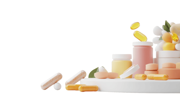 A Comprehensive Collection of Vitamins and Supplements Displayed on a White Background for Health and Wellness Promotion. png