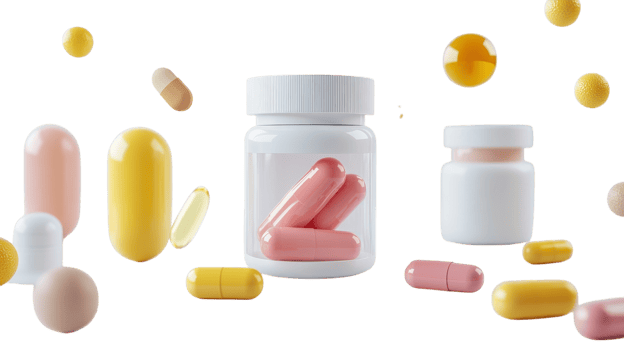 A Comprehensive Collection of Vitamins and Supplements Displayed on a Clean White Background for Health and Wellness Marketing. png
