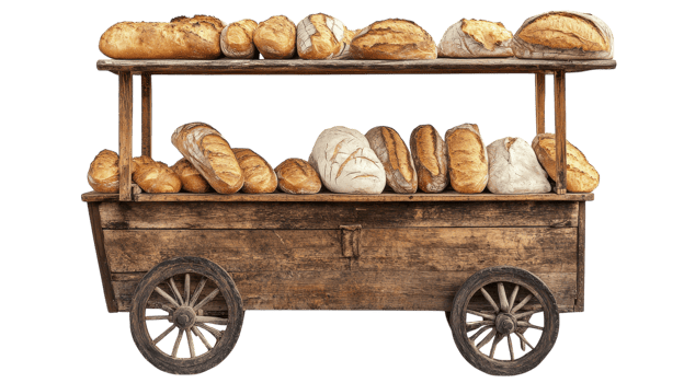 Small Cart Offering Artisan Breads for Sale - Perfect for Farmers Markets and Street Food Vendors Looking to Attract Customers with Freshly Baked Goods. png