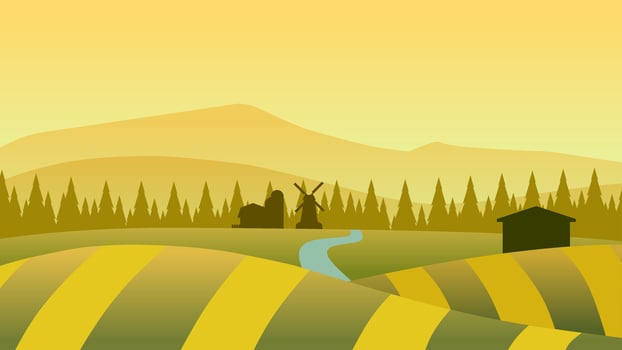 Landscape illustration of wheat farm in countryside vector